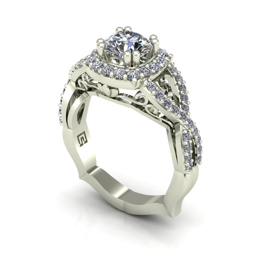 1ct diamond engagement ring cushion halo crossover shank 14k white gold - Charles Babb Designs