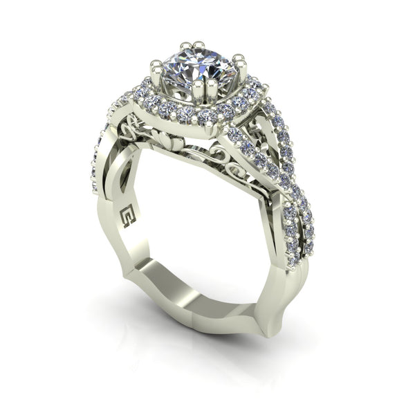 Diamond cushion halo engagement ring in 14k white gold