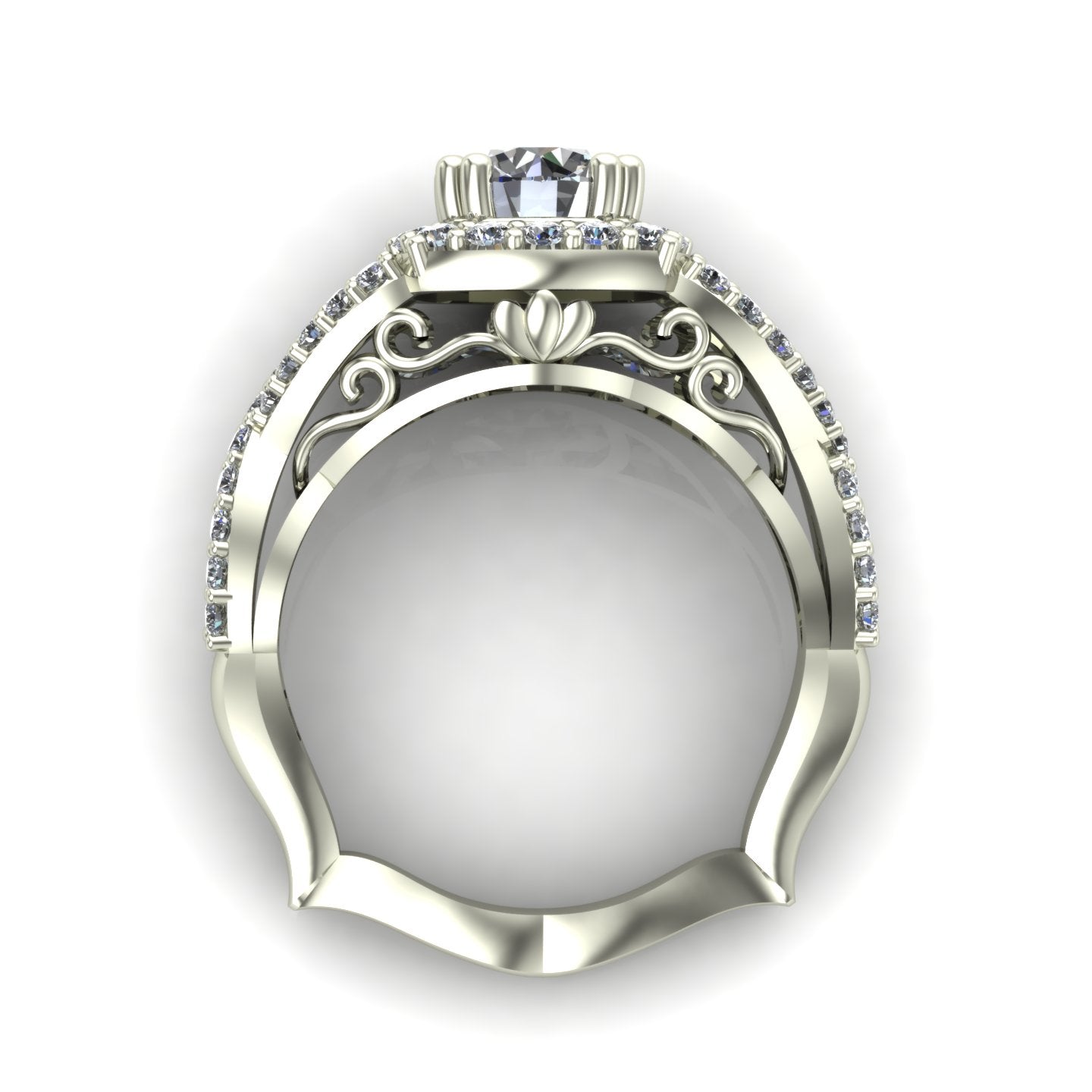 1ct diamond engagement ring cushion halo crossover shank 14k white gold - Charles Babb Designs - through finger view