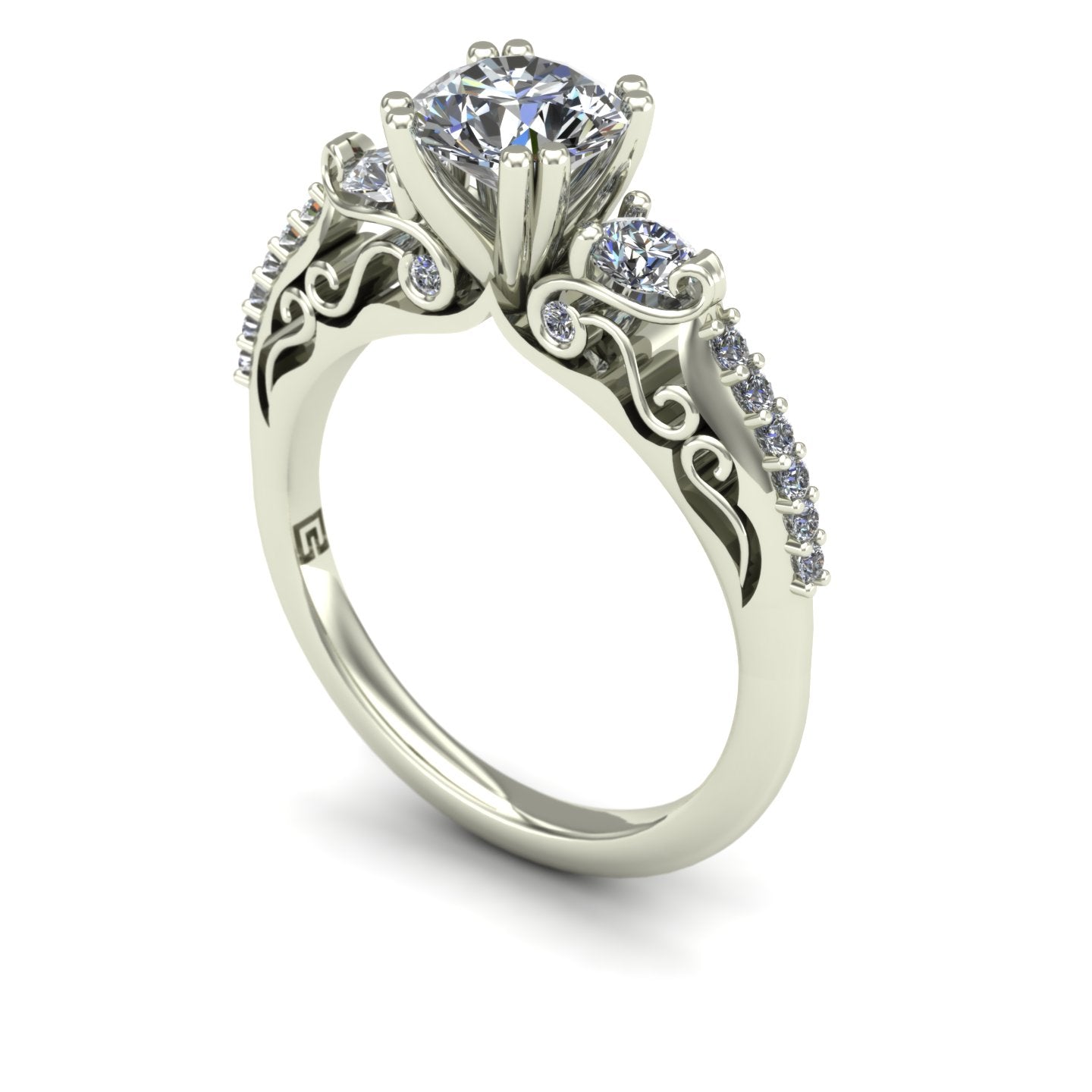 1ct diamond three stone engagement ring scrolls 14k white gold - Charles Babb Designs