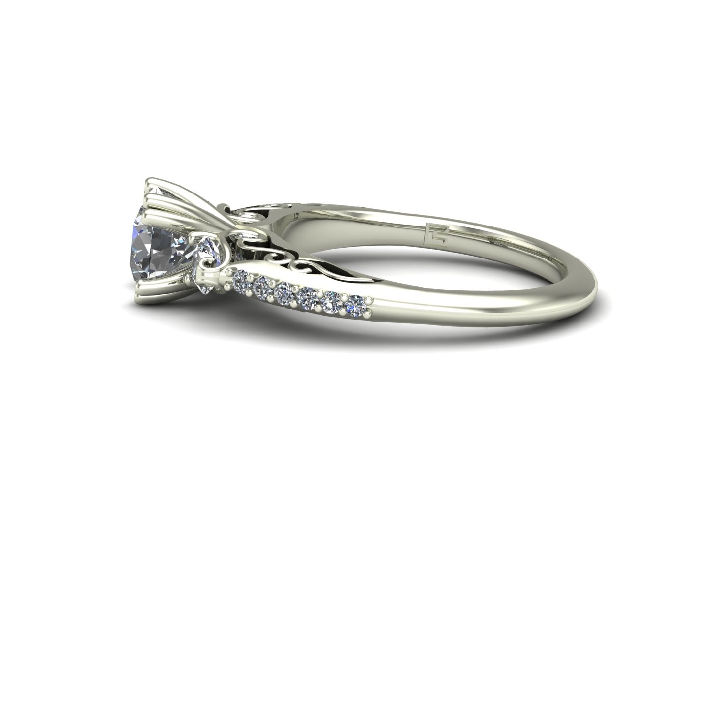 1ct diamond three stone engagement ring scrolls 14k white gold - Charles Babb Designs - side view