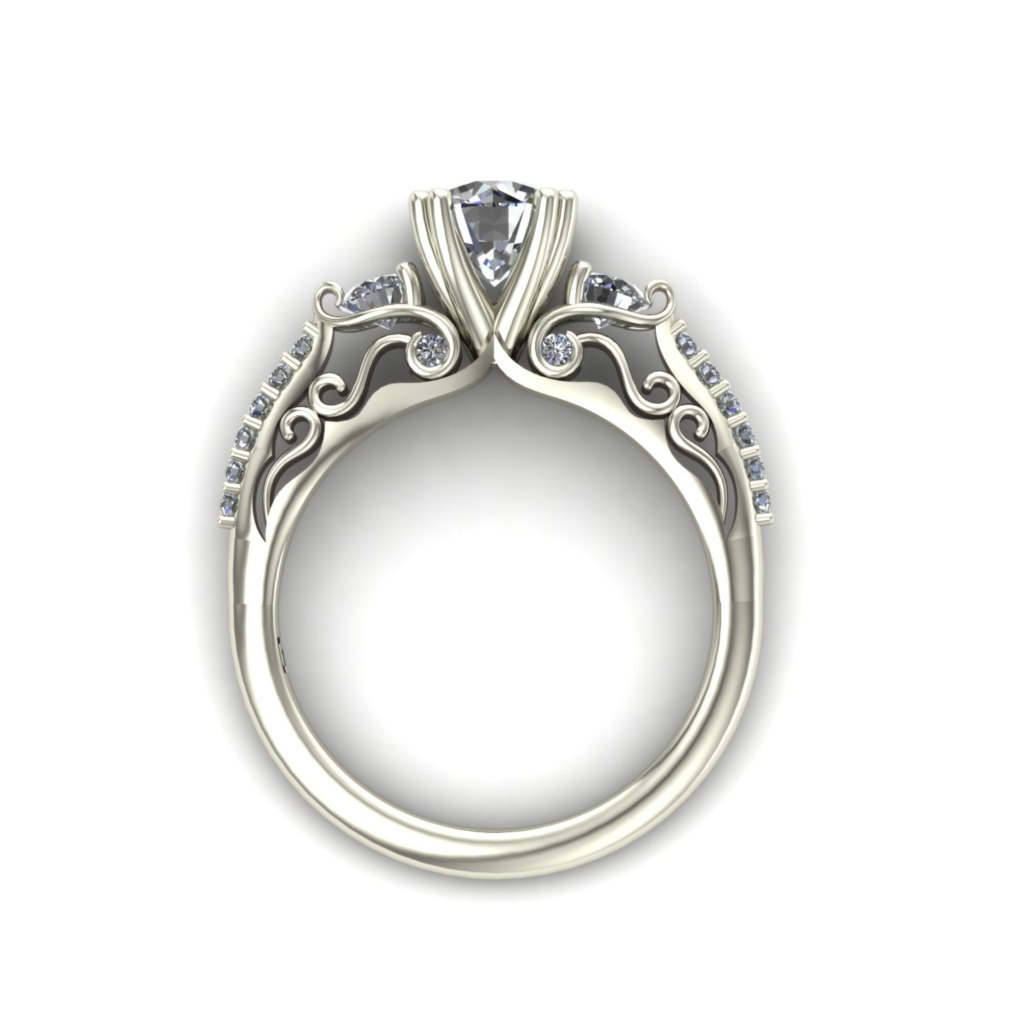 1ct diamond three stone engagement ring scrolls 14k white gold - Charles Babb Designs - through finger view