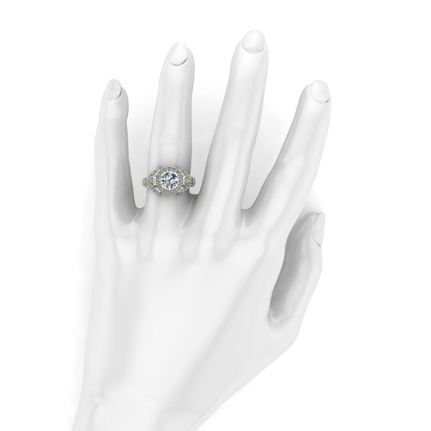 1ct Diamond halo fleur de lis engagement ring in 18k white gold - Charles Babb Designs - on hand