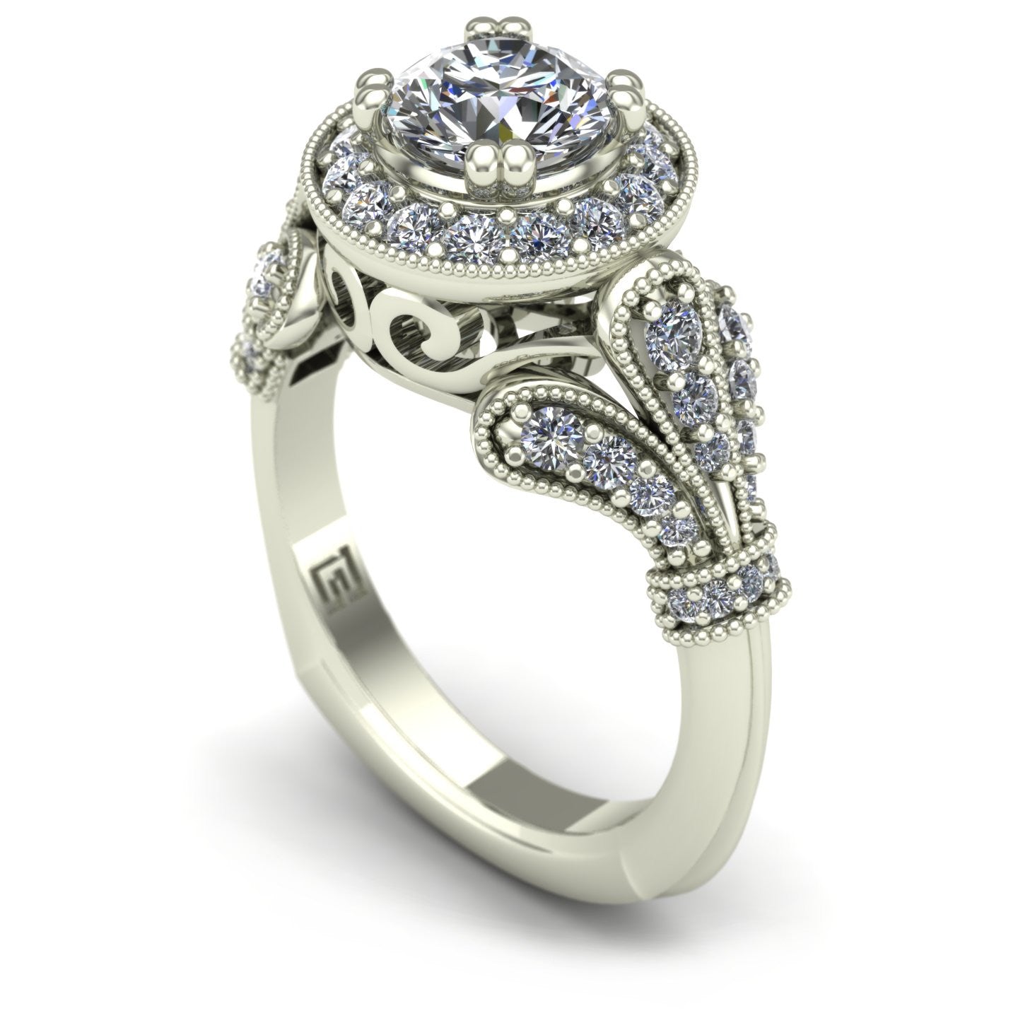 1ct Diamond halo fleur de lis engagement ring in 18k white gold - Charles Babb Designs