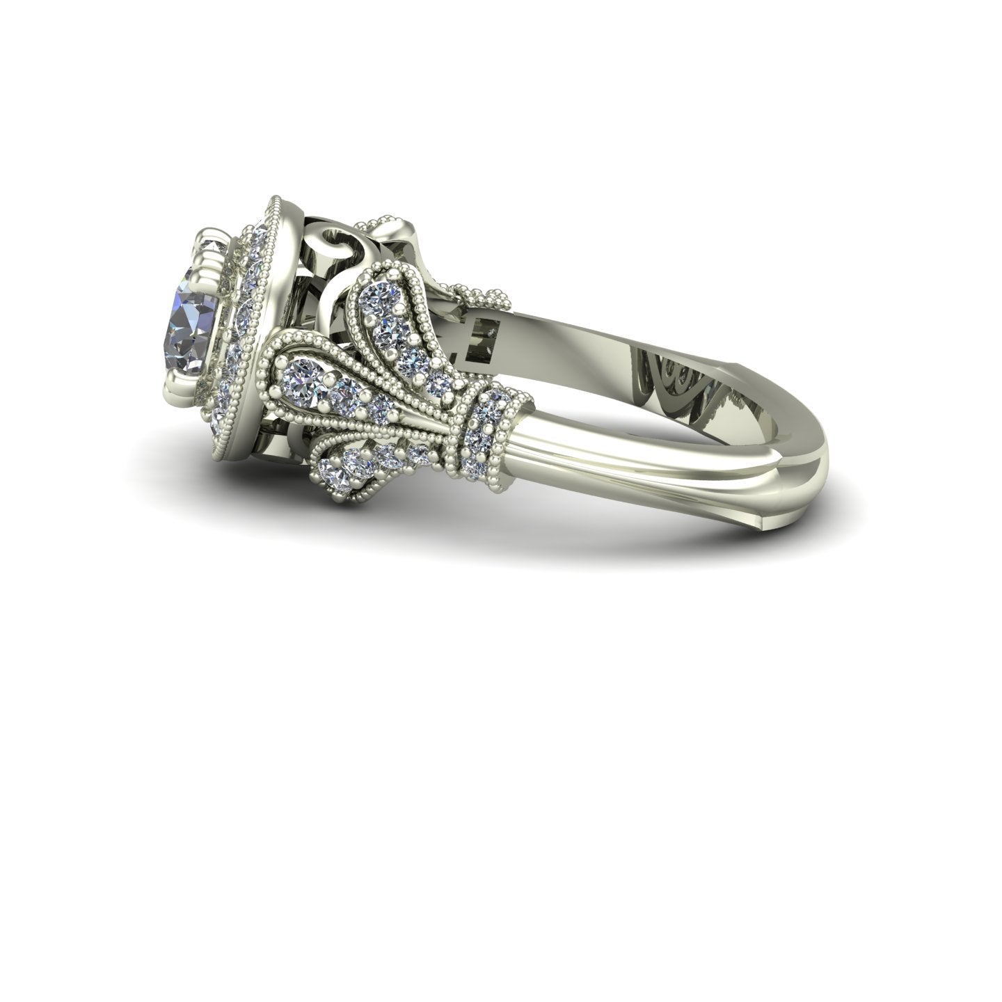 1ct Diamond halo fleur de lis engagement ring in 18k white gold - Charles Babb Designs - side view