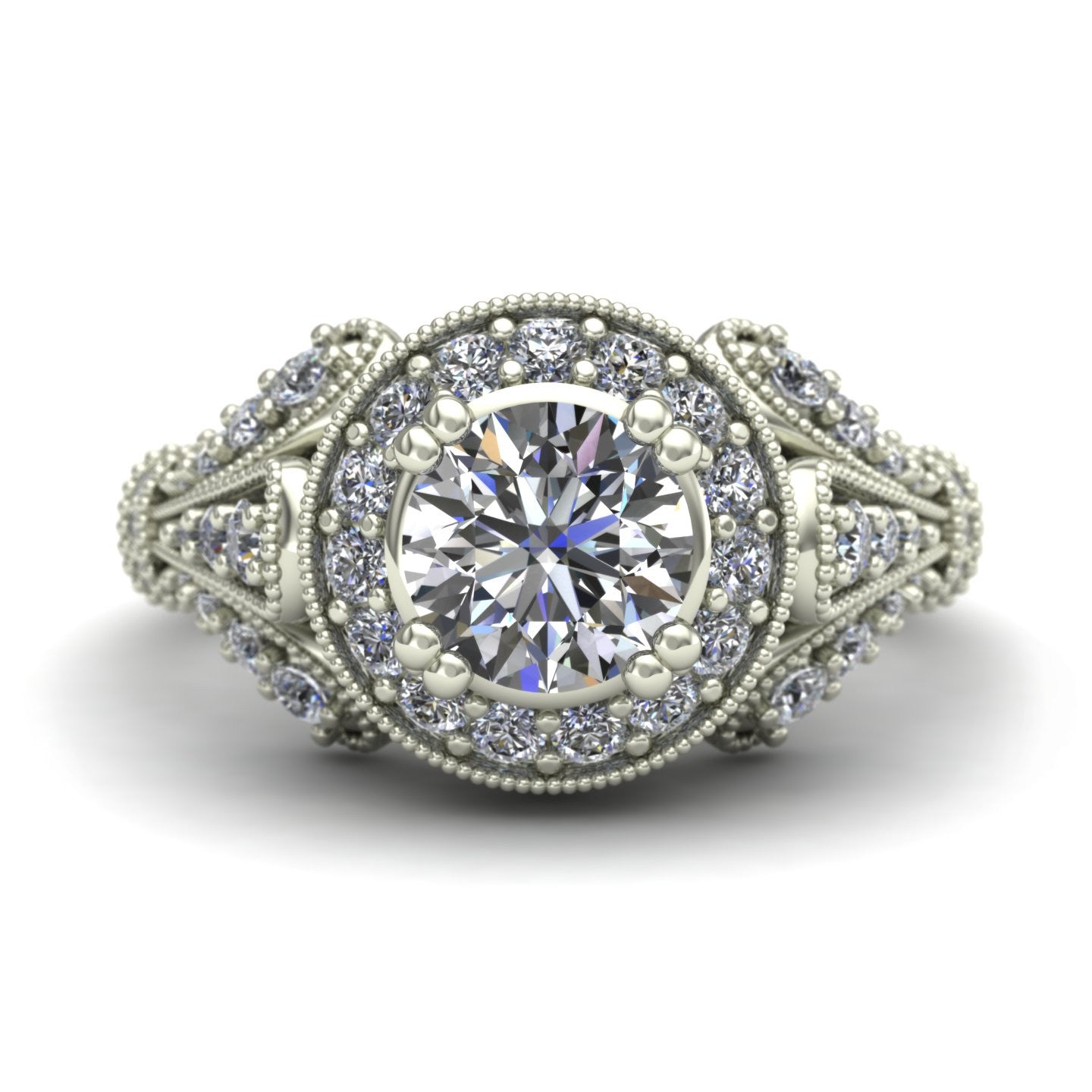 1ct Diamond halo fleur de lis engagement ring in 18k white gold - Charles Babb Designs - top view