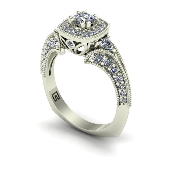 Diamond halo engagement ring with trillions and split shank in 14k white gold