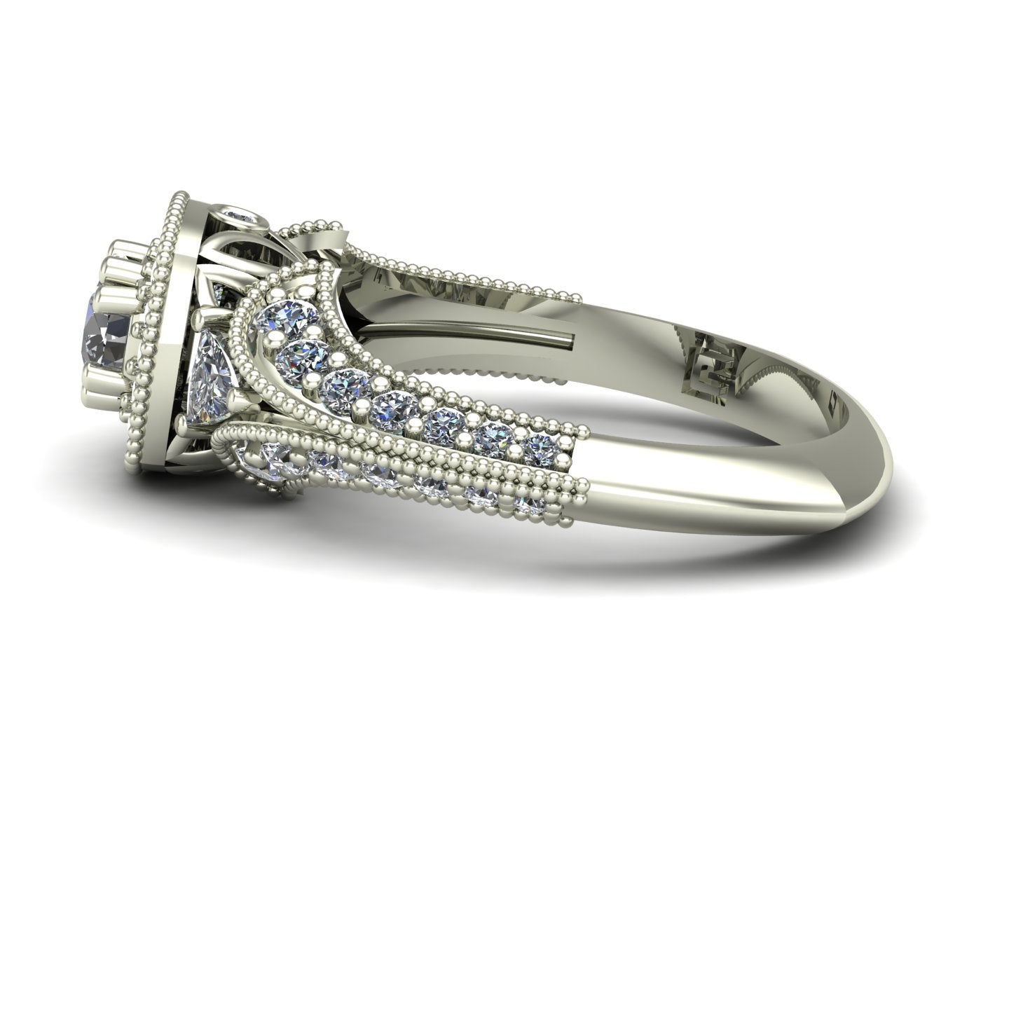 diamond halo engagement ring with trillions and split shank in 14k white gold - Charles Babb Designs - side view