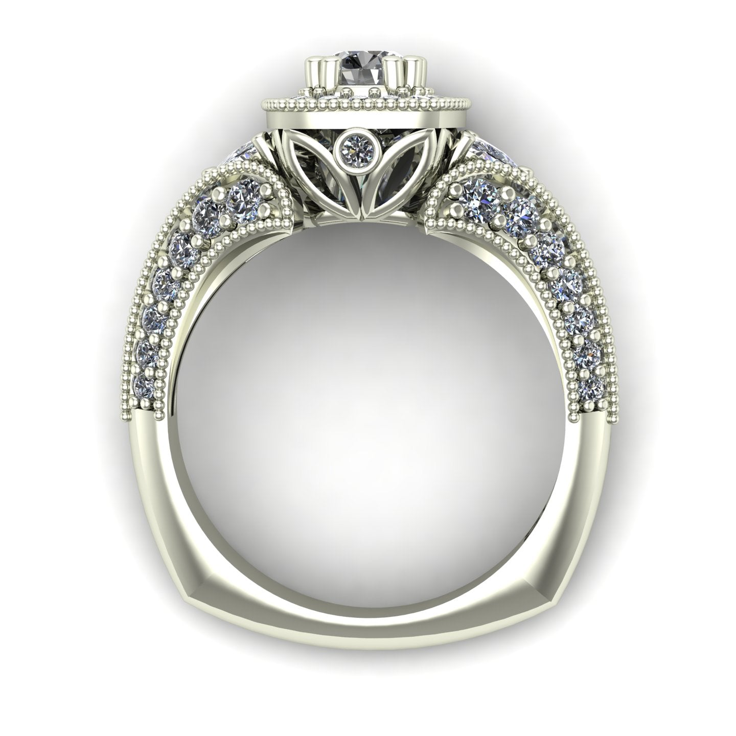 diamond halo engagement ring with trillions and split shank in 14k white gold - Charles Babb Designs - through finger view
