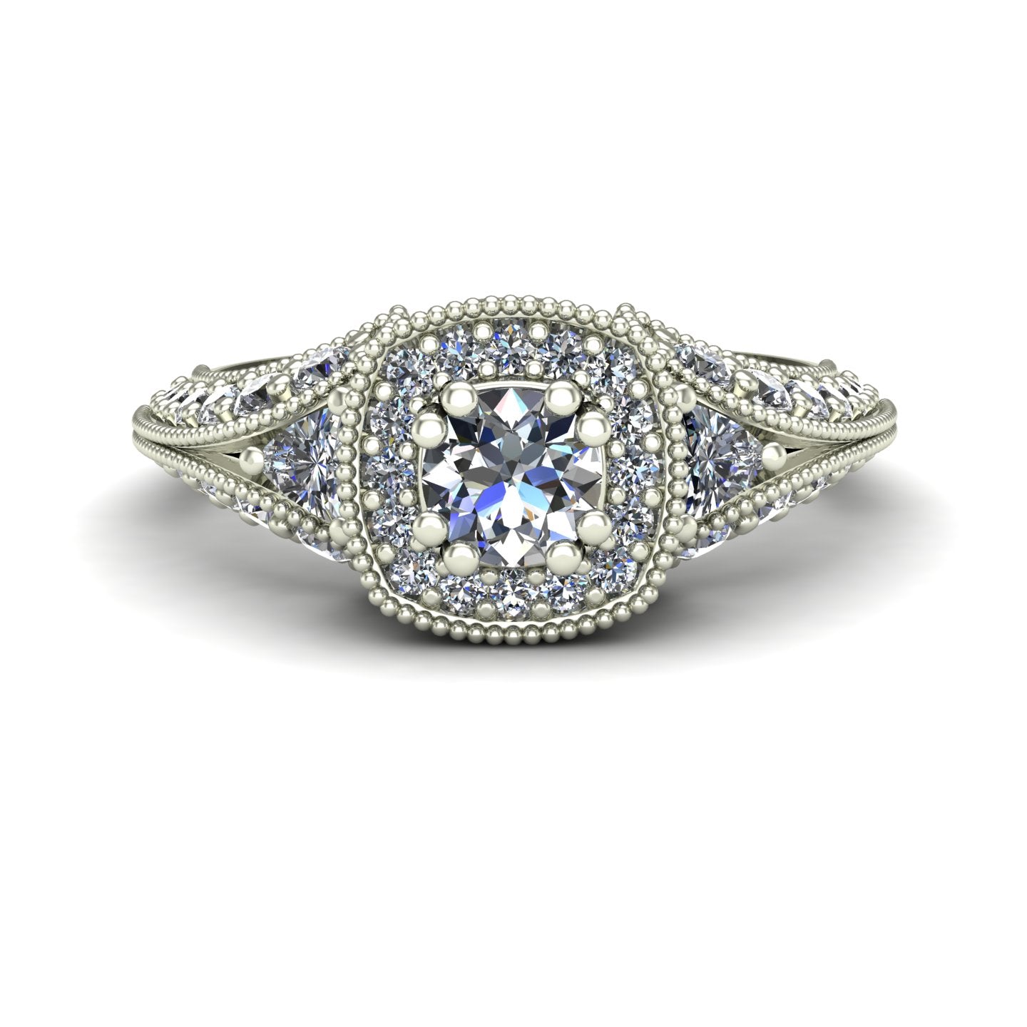 diamond halo engagement ring with trillions and split shank in 14k white gold - Charles Babb Designs - top view