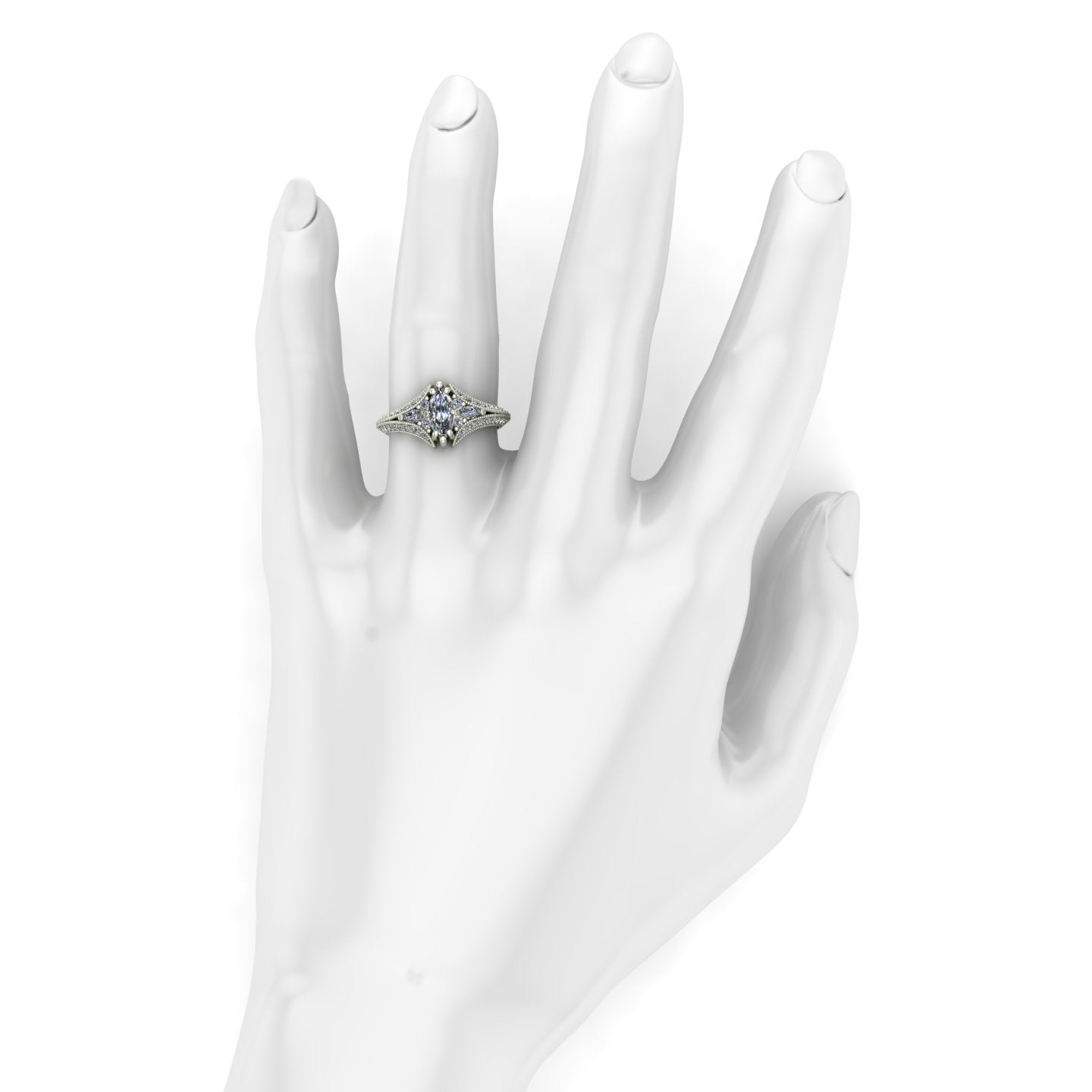 half carat marquise diamond engagement ring in 14k white gold - Charles Babb Designs - on hand
