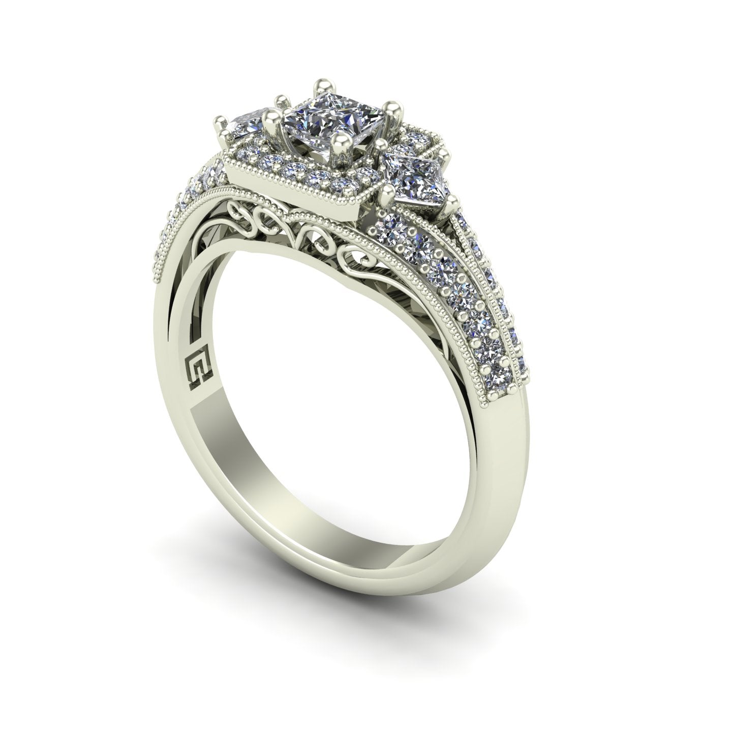 princess cut diamond three stone engagement ring with split shank in 14k white gold - Charles Babb Designs