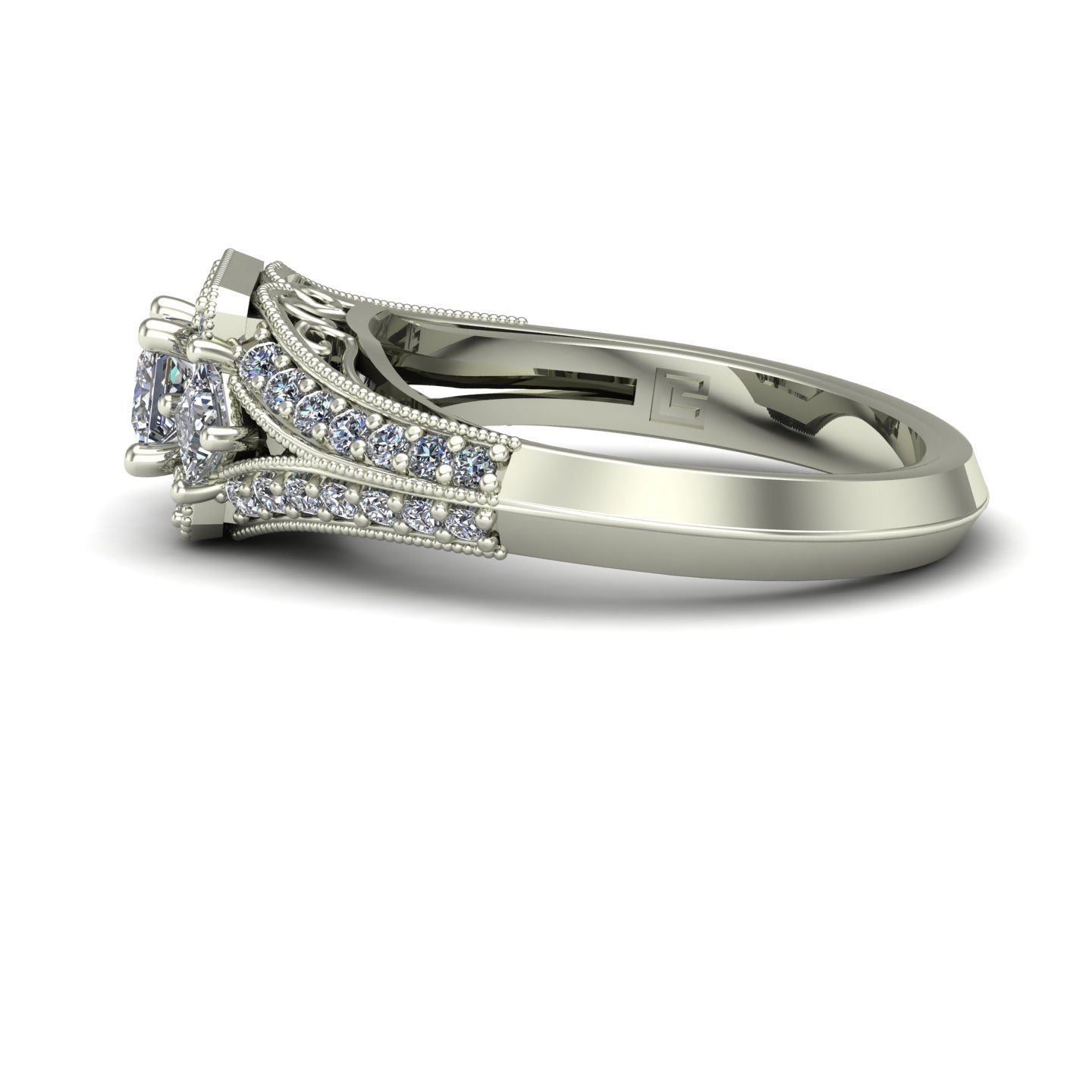 princess cut diamond three stone engagement ring with split shank in 14k white gold - Charles Babb Designs - side view