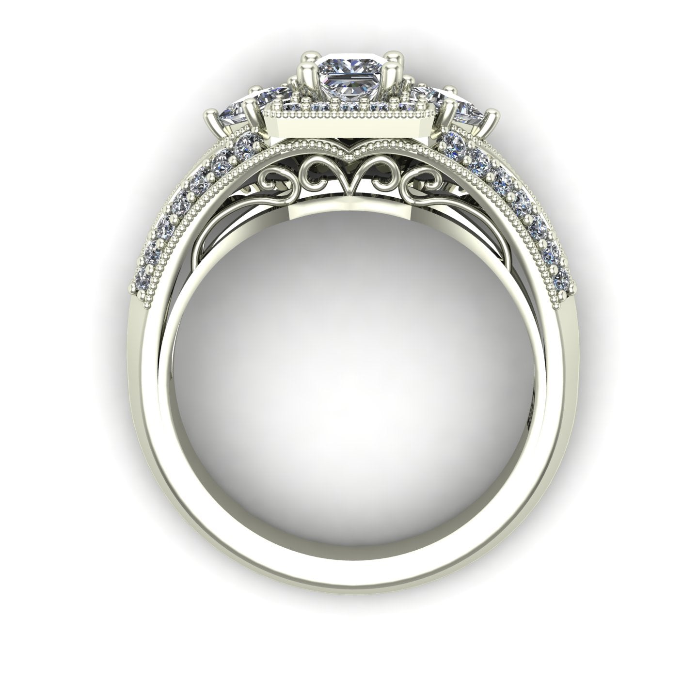 princess cut diamond three stone engagement ring with split shank in 14k white gold - Charles Babb Designs - through finger view