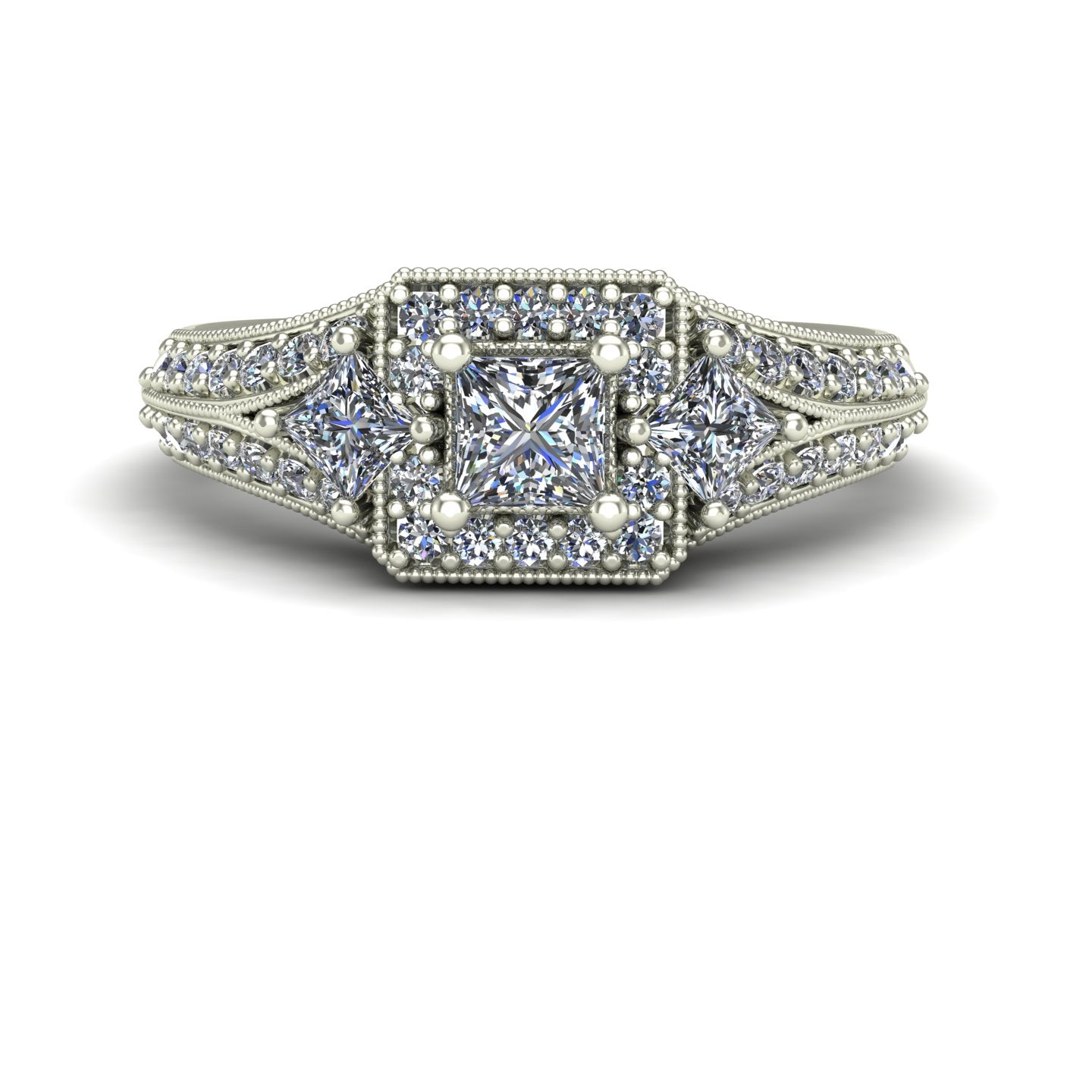 princess cut diamond three stone engagement ring with split shank in 14k white gold - Charles Babb Designs - top view