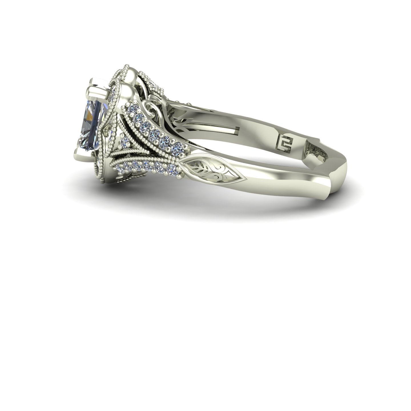 one carat radiant cut diamond scallop halo engagement ring in 14k white gold - Charles Babb Designs - side view