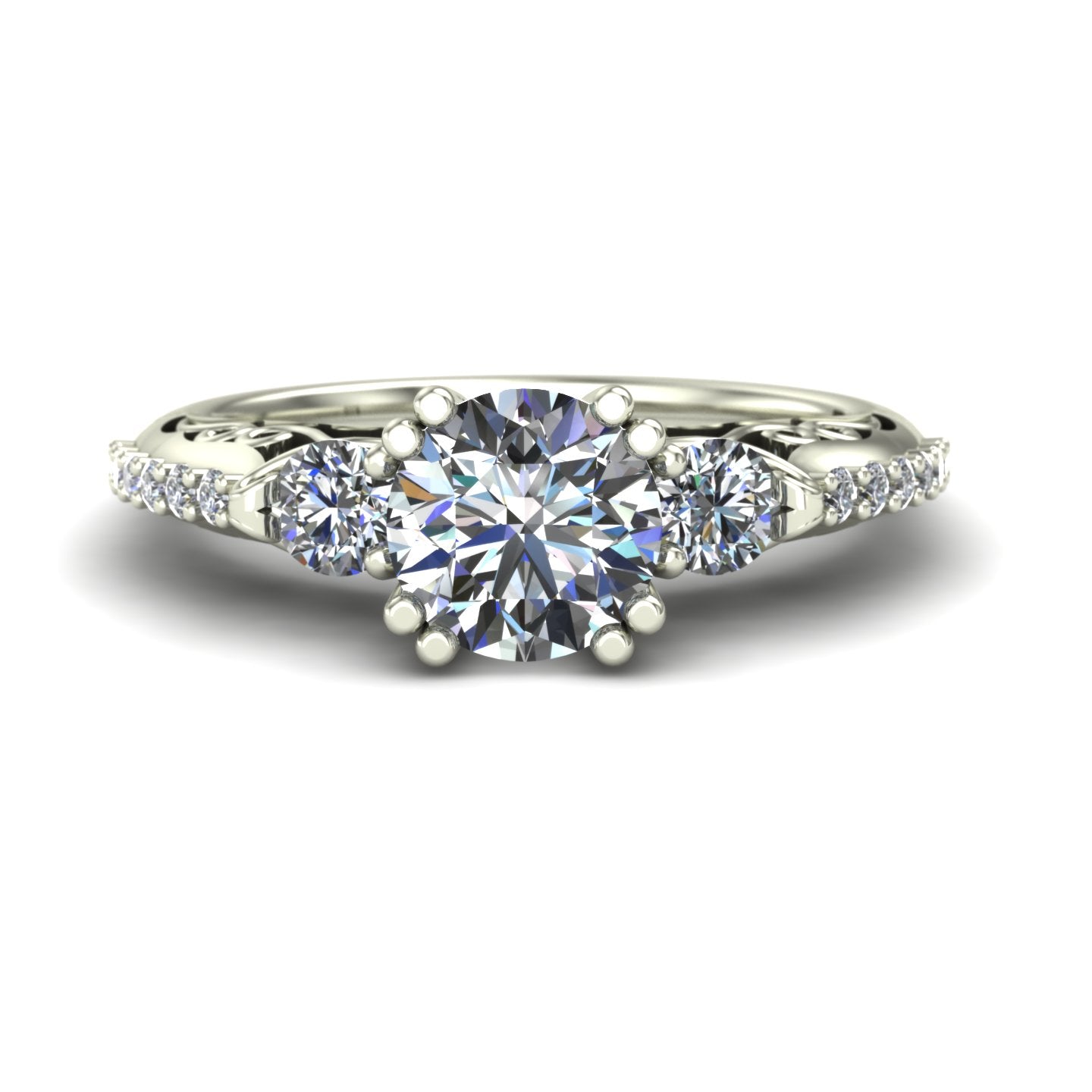 1ct diamond three stone engagement ring scrolls 14k white gold - Charles Babb Designs - top view