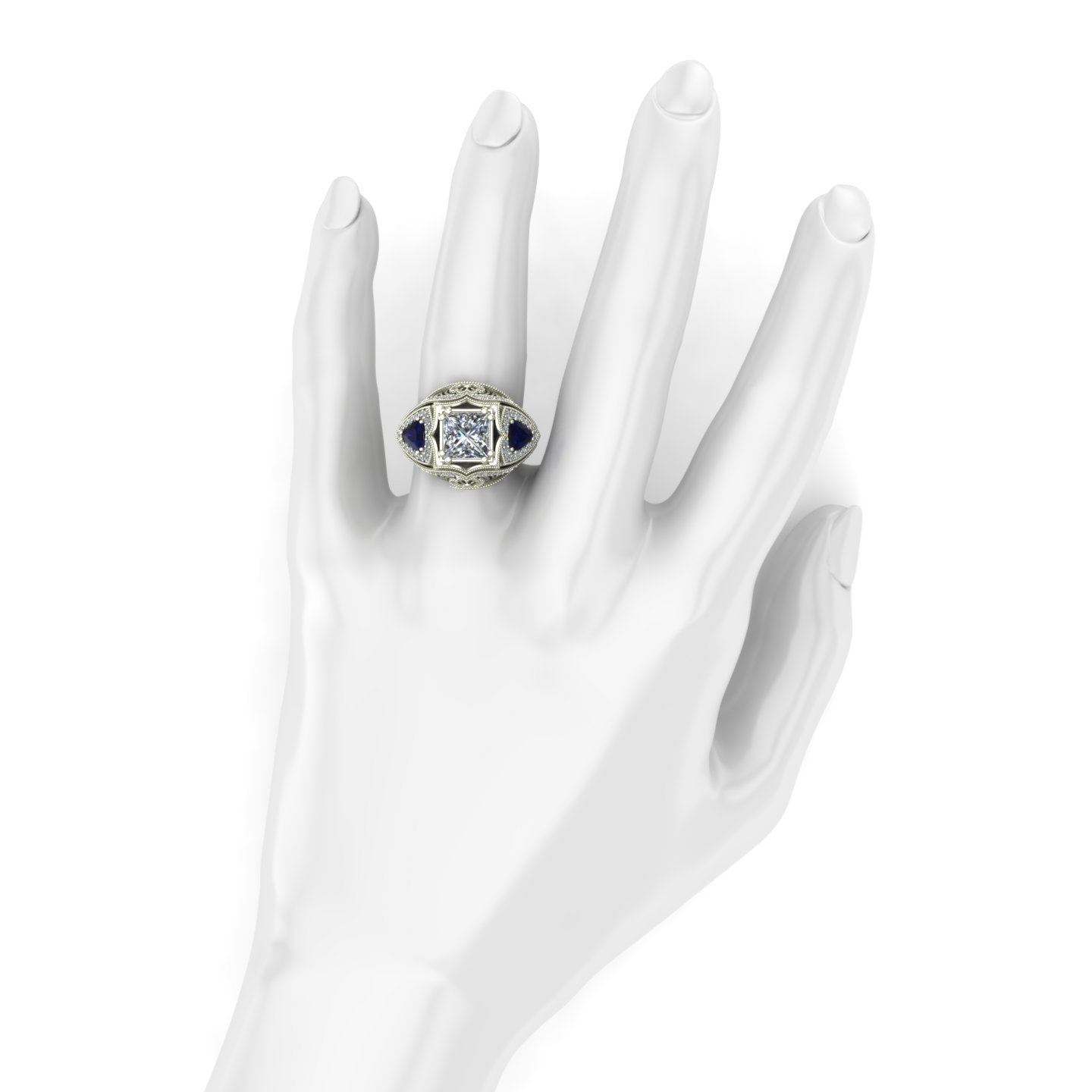 2ct princess diamond dome ring trillion sapphires on hand