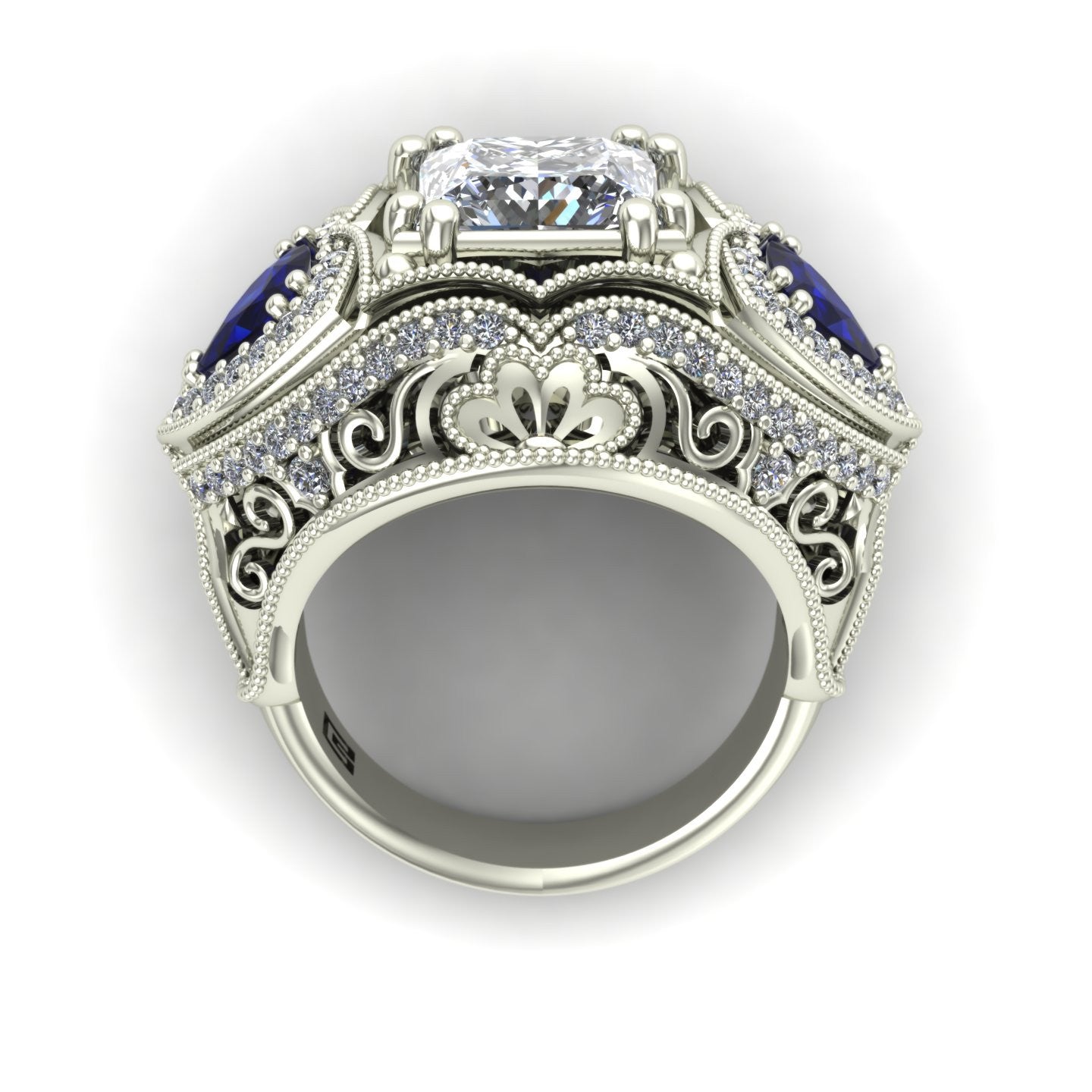 2ct princess diamond dome ring trillion sapphires through finger view