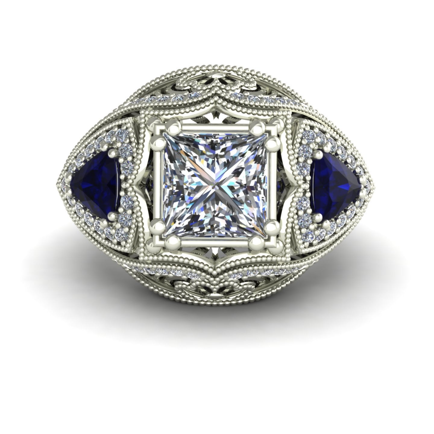 2ct princess diamond dome ring trillion sapphires top view