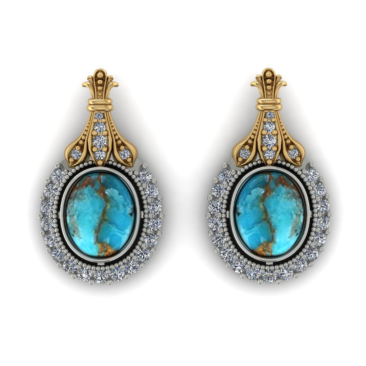 Turquoise and diamond earrings in 14k yellow and white gold