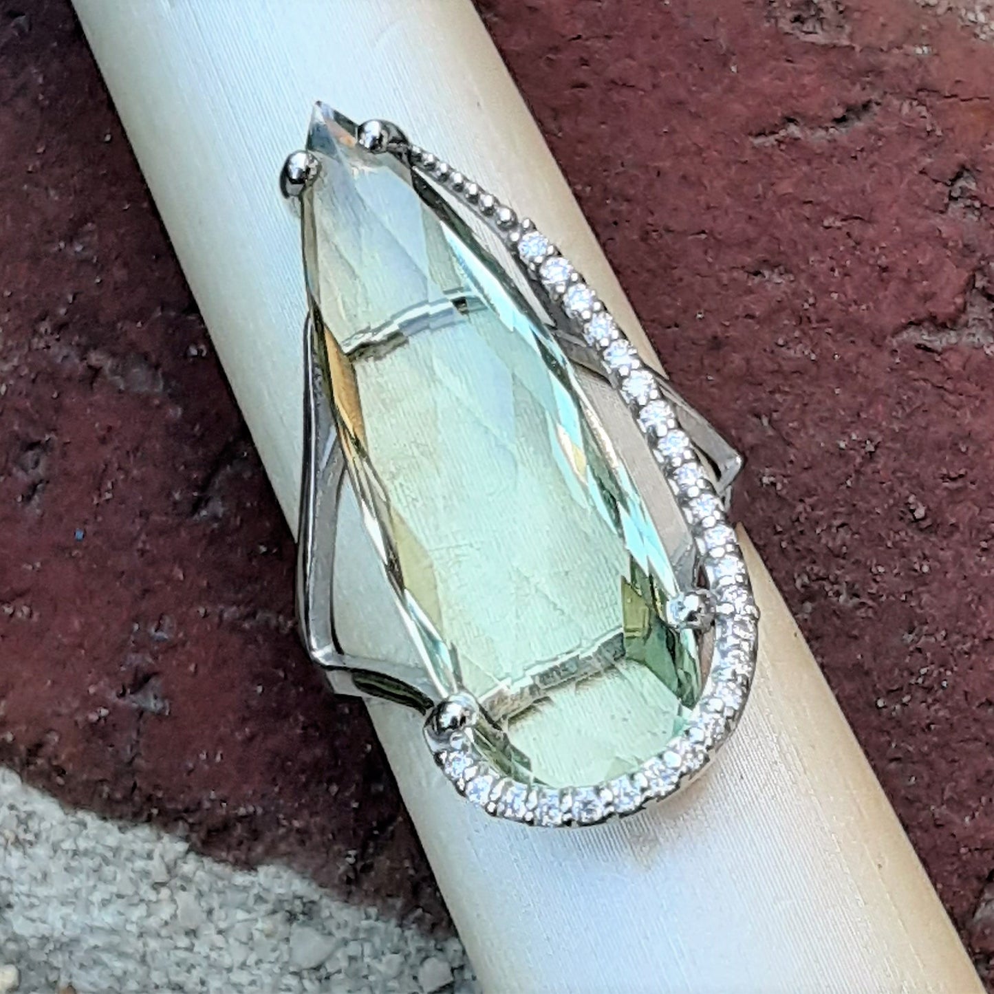 Ready to ship green quartz and diamond elongated pear ring in 14k white gold