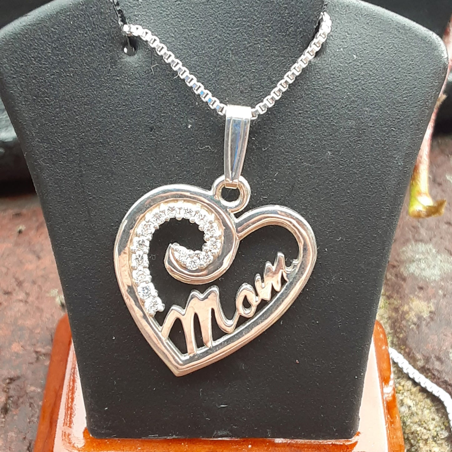 Ready to ship lab grown diamond "Mom" pendant in sterling silver