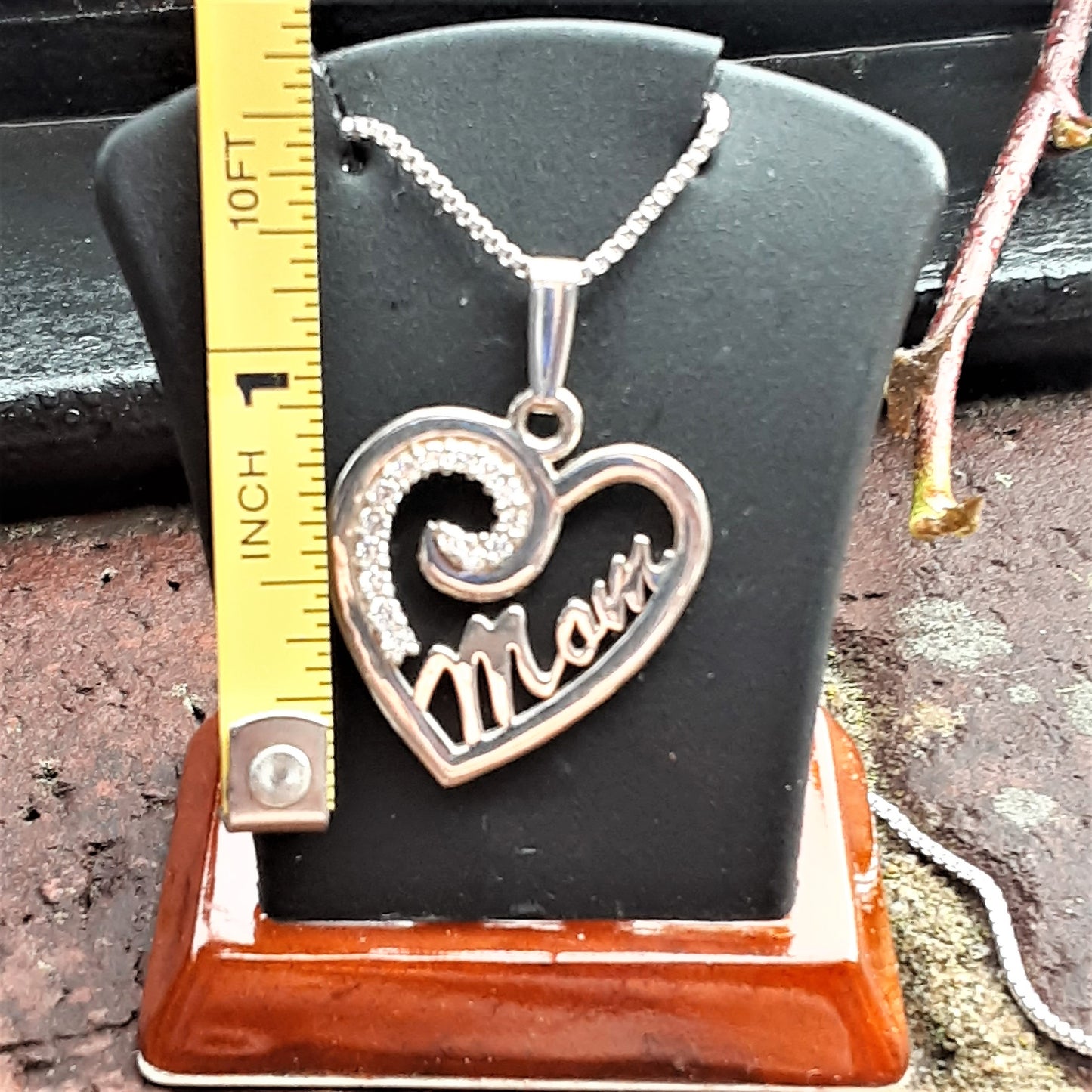 Ready to ship lab grown diamond "Mom" pendant in sterling silver