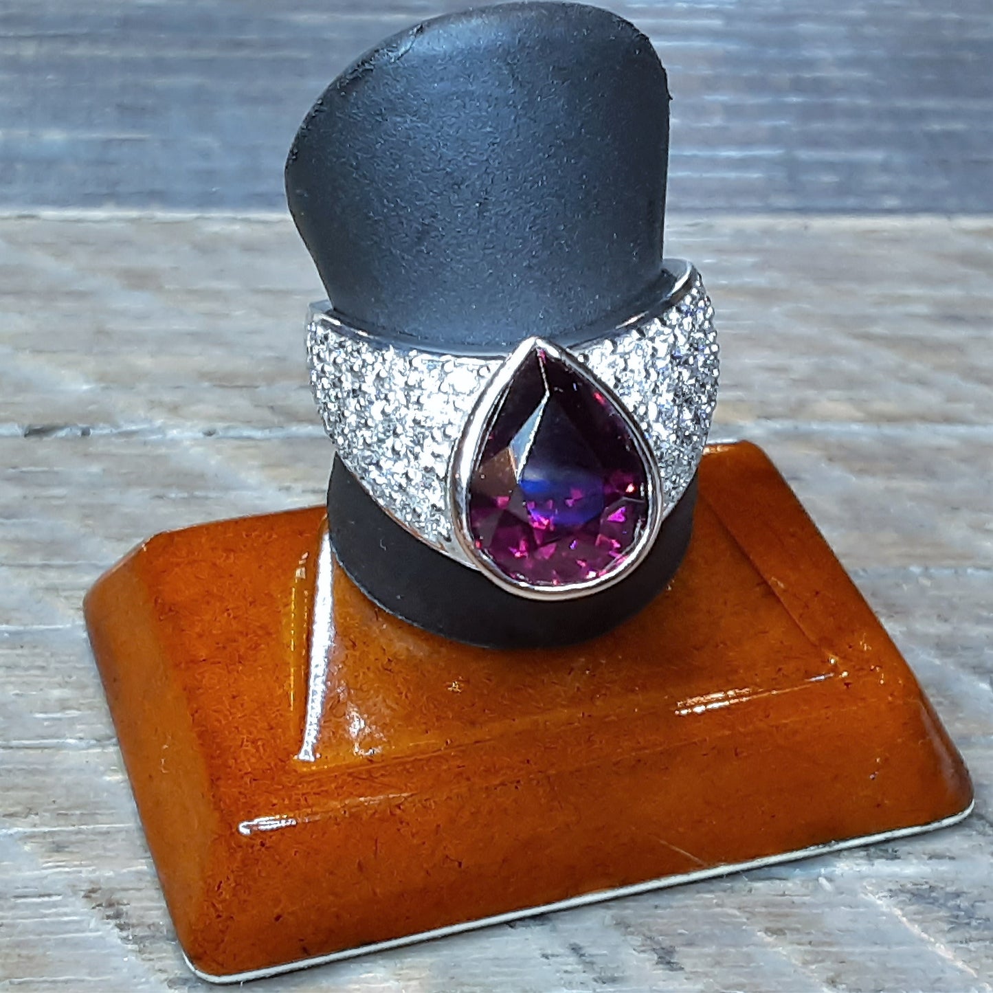 Ready to Ship Pear cut rhodolite garnet ring in 14k rose and white gold