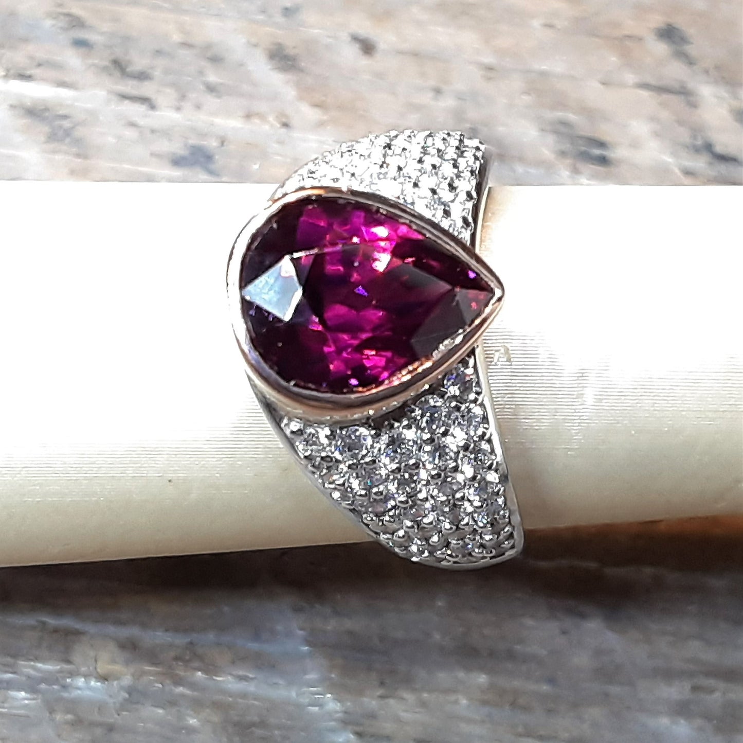 Ready to Ship Pear cut rhodolite garnet ring in 14k rose and white gold