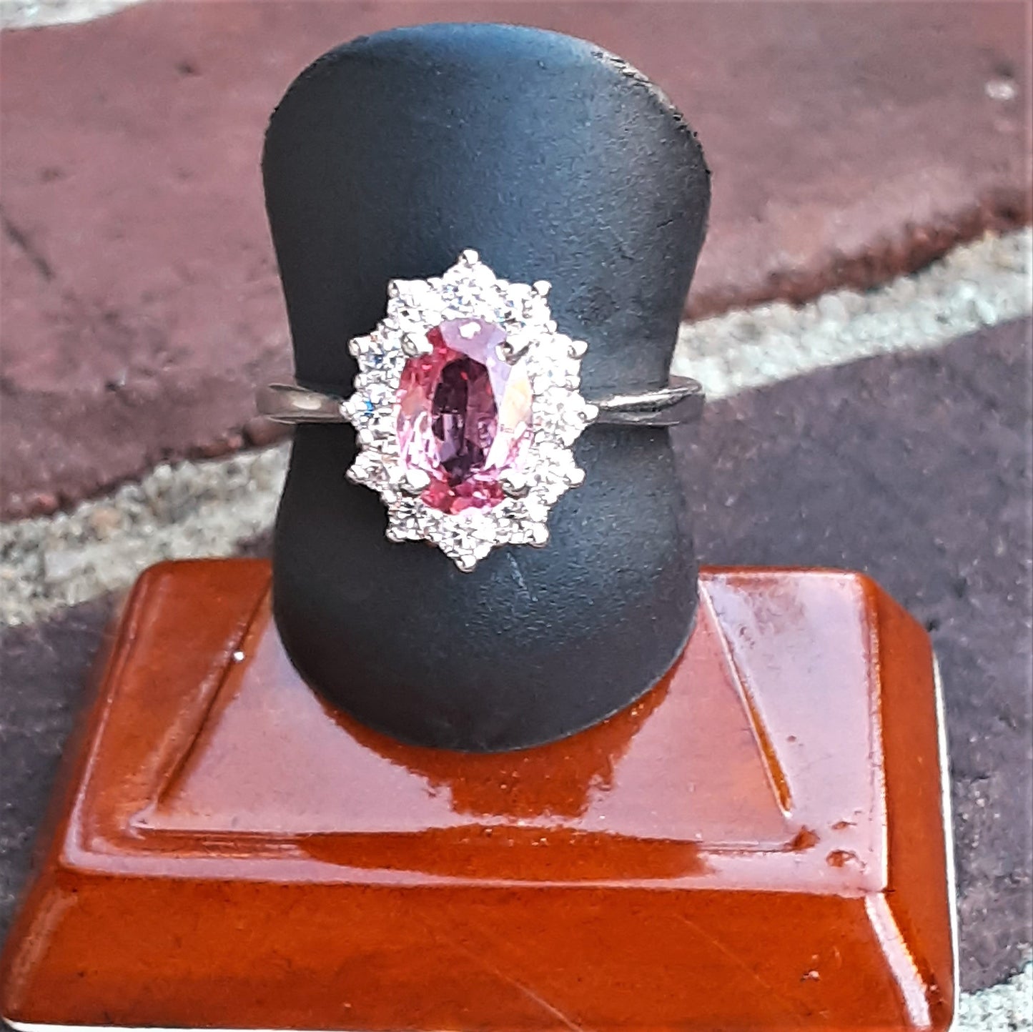 Ready to ship pink spinel and diamond princess halo ring in 14k white gold